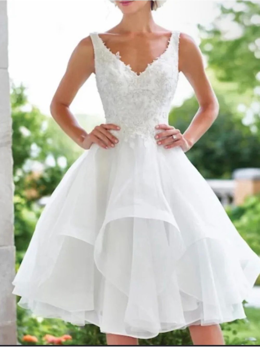Short Lace Wedding Dress V-Neck Tiered Organza Bridal Gown Reception Dress 18-20